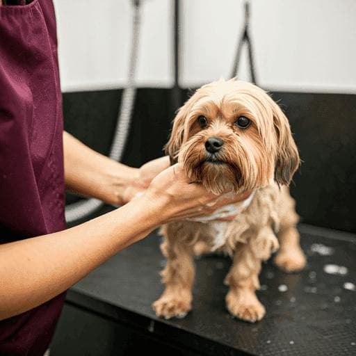 A groomer holding a small fluffy dog